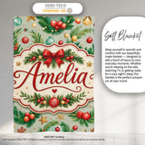Watercolor Christmas Wreath Ornament Holly Berry Seamless Pattern  Personalised Custom Name Super Soft Fleece Blanket Bed Sofa Throw
