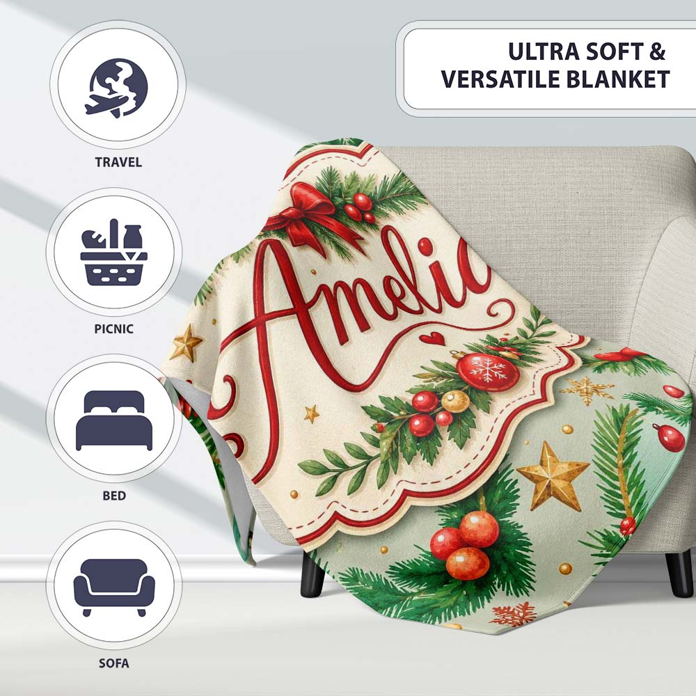 Watercolor Christmas Wreath Ornament Holly Berry Seamless Pattern  Personalised Custom Name Super Soft Fleece Blanket Bed Sofa Throw