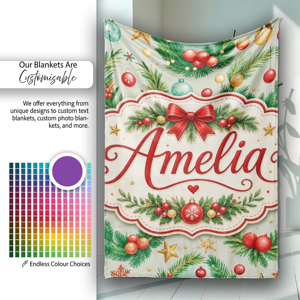 Watercolor Christmas Wreath Ornament Holly Berry Seamless Pattern  Personalised Custom Name Super Soft Fleece Blanket Bed Sofa Throw