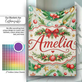 Watercolor Christmas Wreath Ornament Holly Berry Seamless Pattern  Personalised Custom Name Super Soft Fleece Blanket Bed Sofa Throw