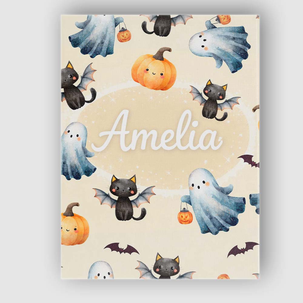 Personalised Name Halloween Ghost Pumpkin Cat Seamless Pattern Beige Custom  Home Canvas Wall Art Print Decor Picture Ready to Hang