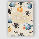 Personalised Name Halloween Ghost Pumpkin Cat Seamless Pattern Beige Custom  Home Canvas Wall Art Print Decor Picture Ready to Hang