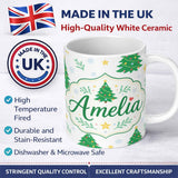 Personalized Custom Name Decorated Christmas Trees with Stars and Snowflakes Bright Holiday 11oz Ceramic Coffee Tea Mug White Large Handle