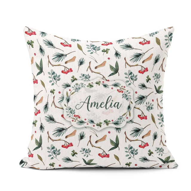 Custom Name Watercolor Winter Branch Pine Berry Natural Seamless Square Filled Cushion Throw Pillow Sofa Bed Home Decor Zip Washable UK Made