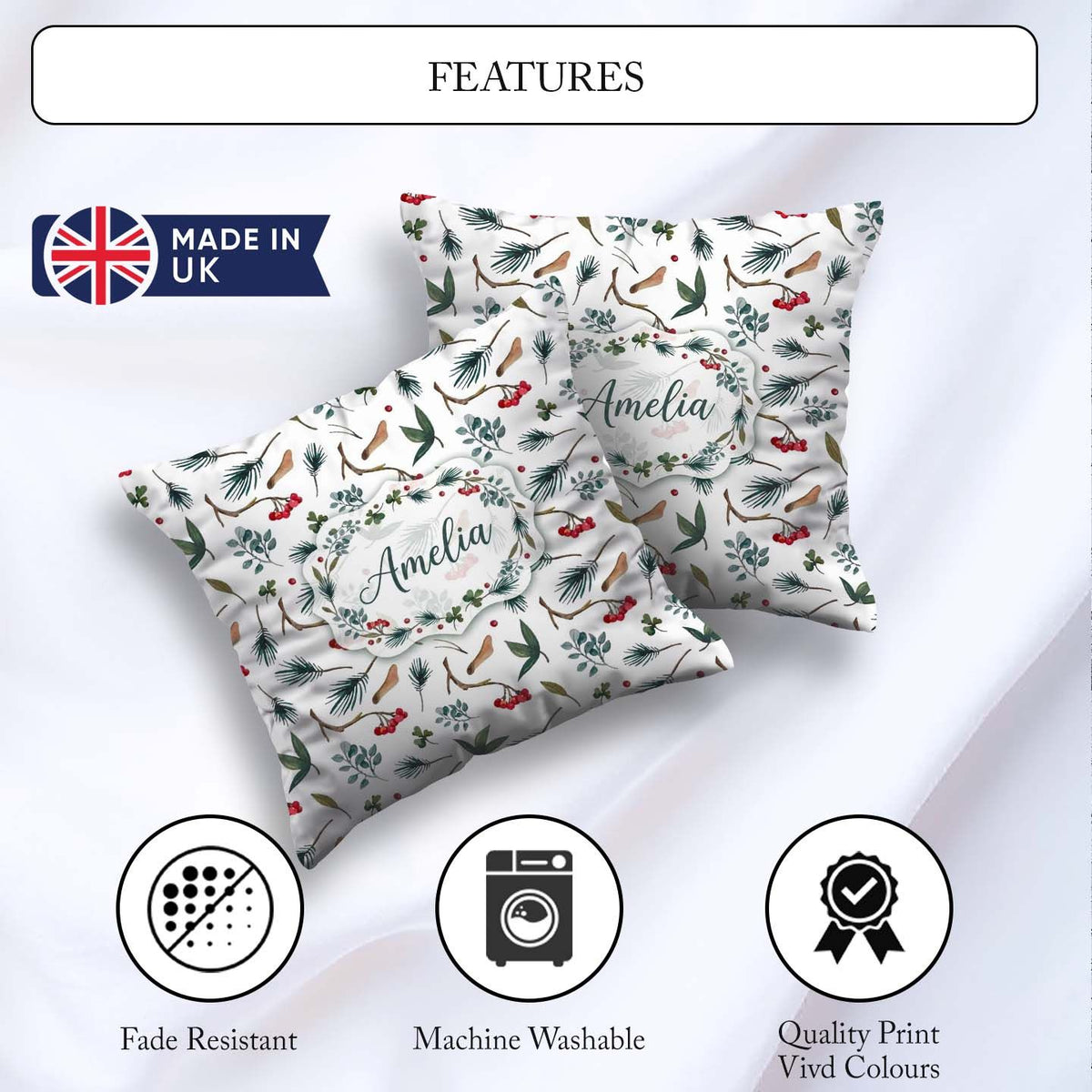 Custom Name Watercolor Winter Branch Pine Berry Natural Seamless Square Filled Cushion Throw Pillow Sofa Bed Home Decor Zip Washable UK Made
