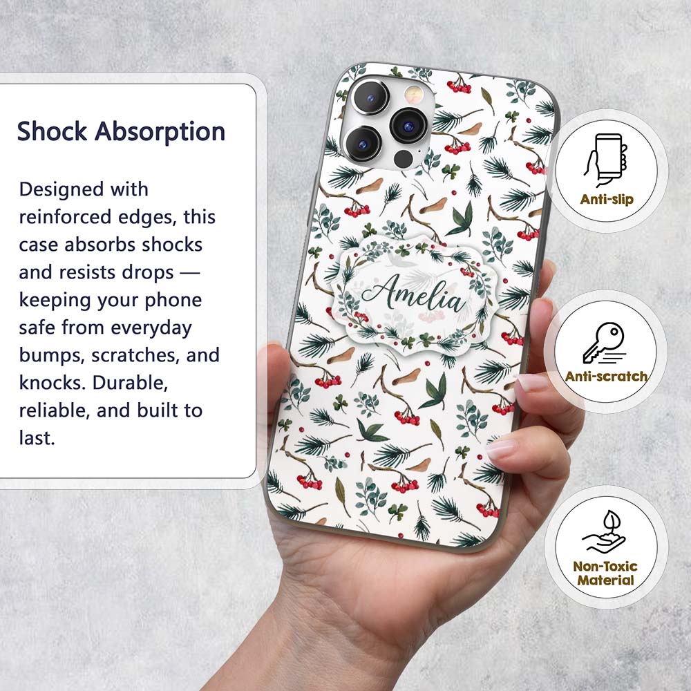 Watercolor Winter Branch Pine Leaf Berry Natural Custom Name Protective Phone Case Mobile Cover Durable Everyday Smartphone Shock Resistant