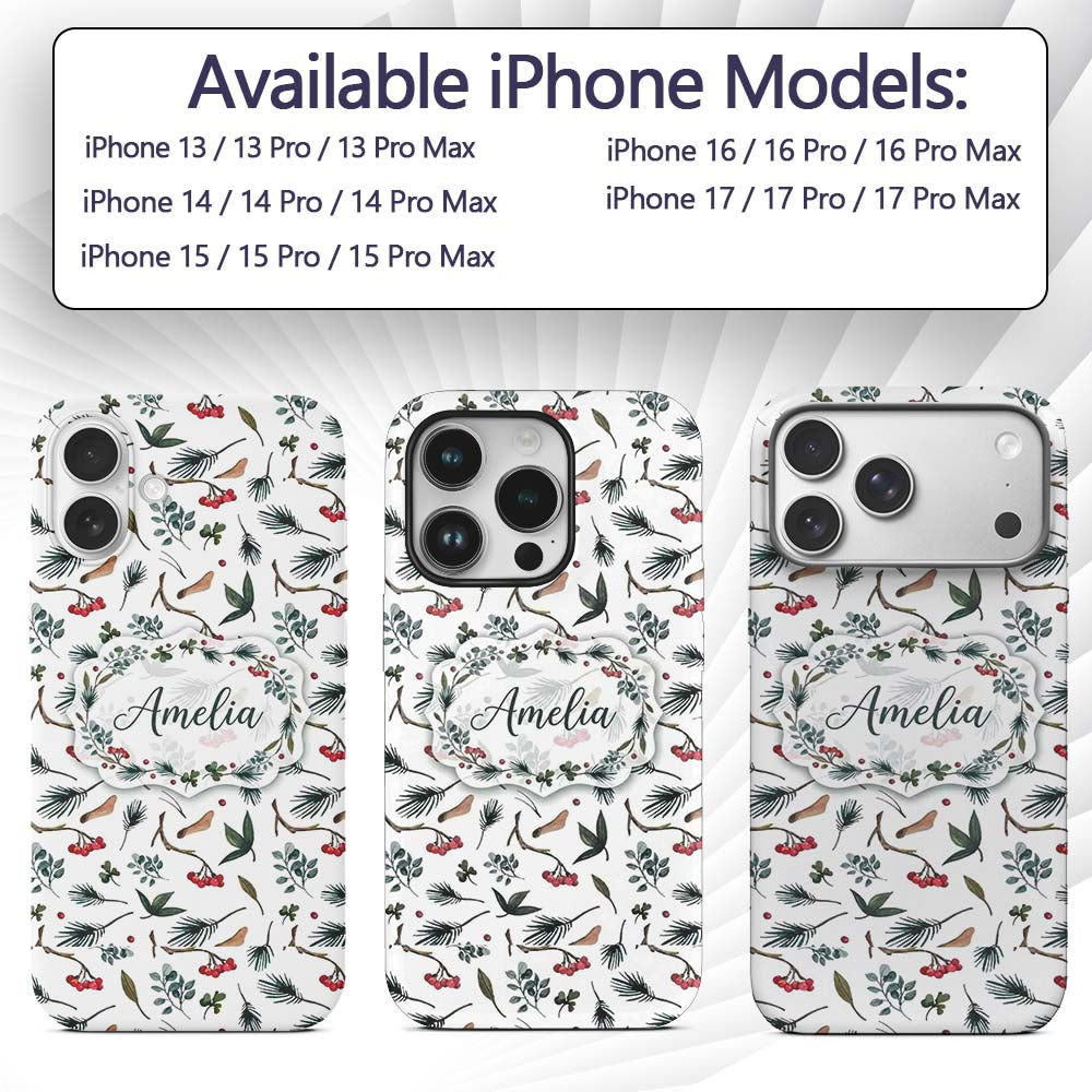 Watercolor Winter Branch Pine Leaf Berry Natural Custom Name Protective Phone Case Mobile Cover Durable Everyday Smartphone Shock Resistant