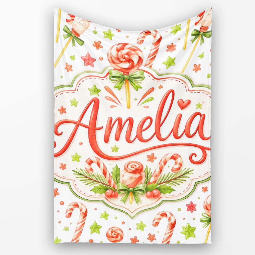 Cute Candy Cane Lollipop Sweet Treat Festive Seamless Pattern Lovely  Personalised Custom Name Super Soft Fleece Blanket Bed Sofa Throw