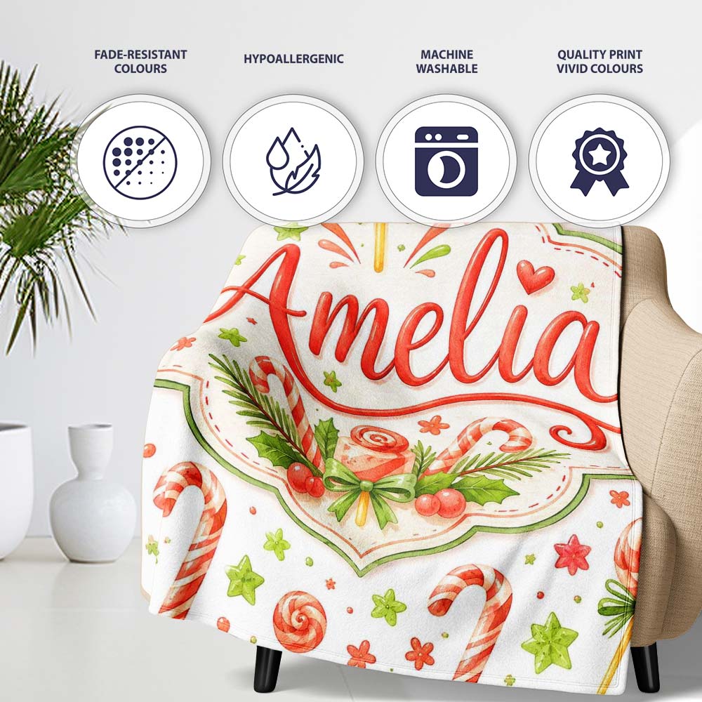 Cute Candy Cane Lollipop Sweet Treat Festive Seamless Pattern Lovely  Personalised Custom Name Super Soft Fleece Blanket Bed Sofa Throw