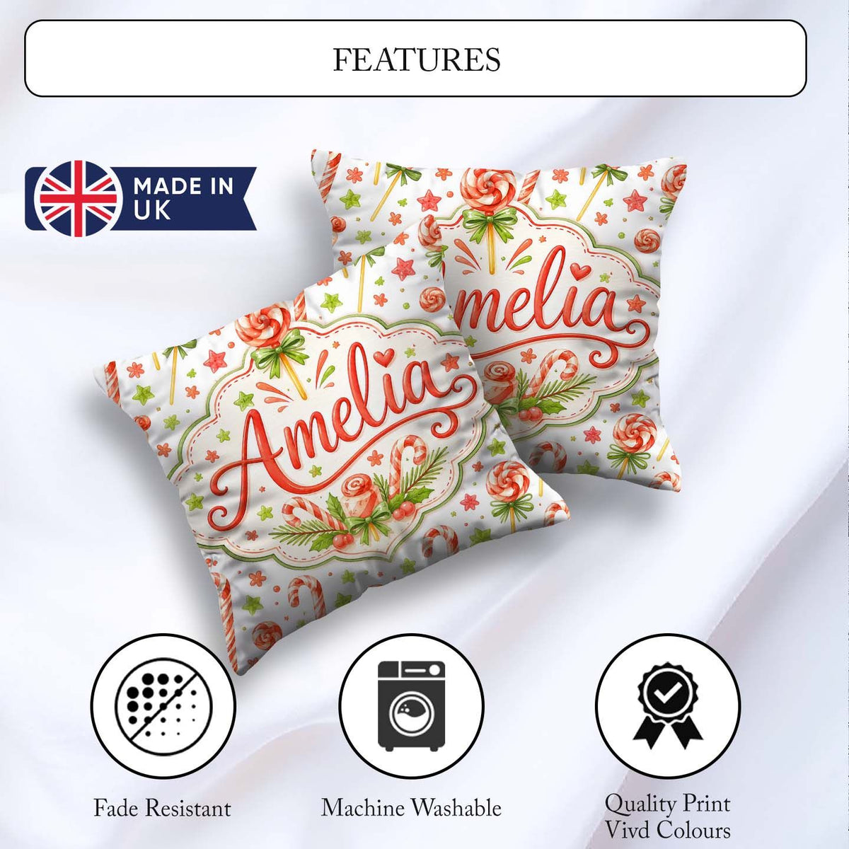 Custom Name Cute Candy Cane Lollipop Sweet Treat Festive Pattern Square Filled Cushion Throw Pillow Sofa Bed Home Decor Zip Washable UK Made