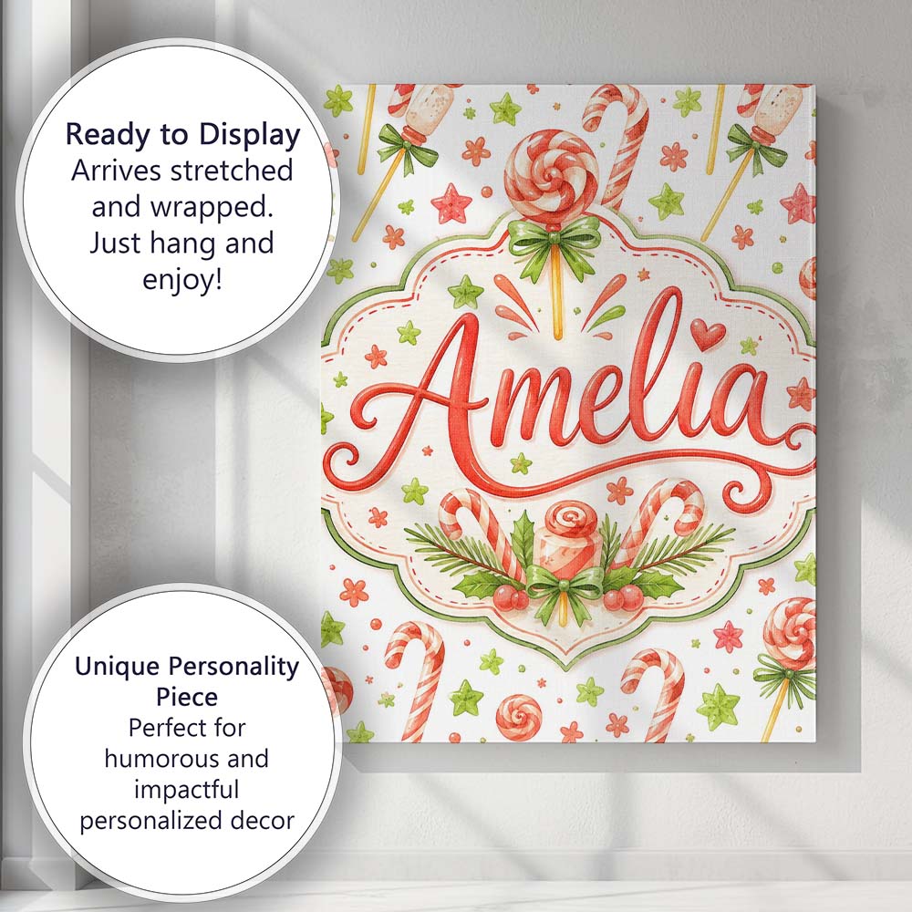 Personalised Name Cute Candy Cane Lollipop Custom  Unique Gift Idea Elegant Feature Canvas Wall Art Print Decor Picture Ready to Hang