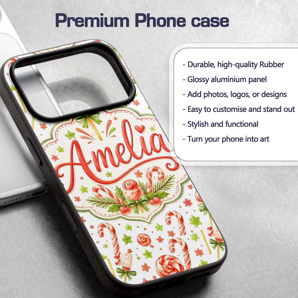Cute Candy Cane Lollipop Sweet Treat Festive Custom Name Protective Phone Case Mobile Cover Durable Everyday Smartphone Shock Resistant
