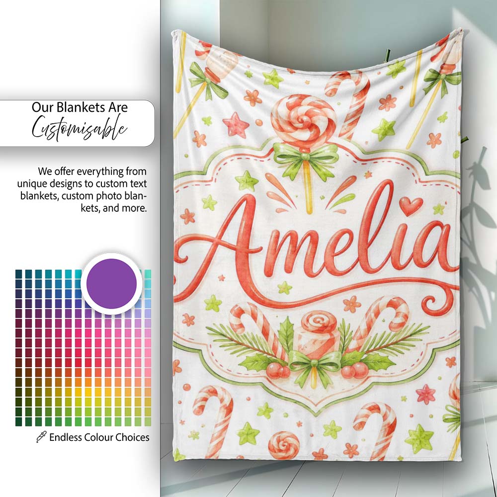 Cute Candy Cane Lollipop Sweet Treat Festive Seamless Pattern Lovely  Personalised Custom Name Super Soft Fleece Blanket Bed Sofa Throw