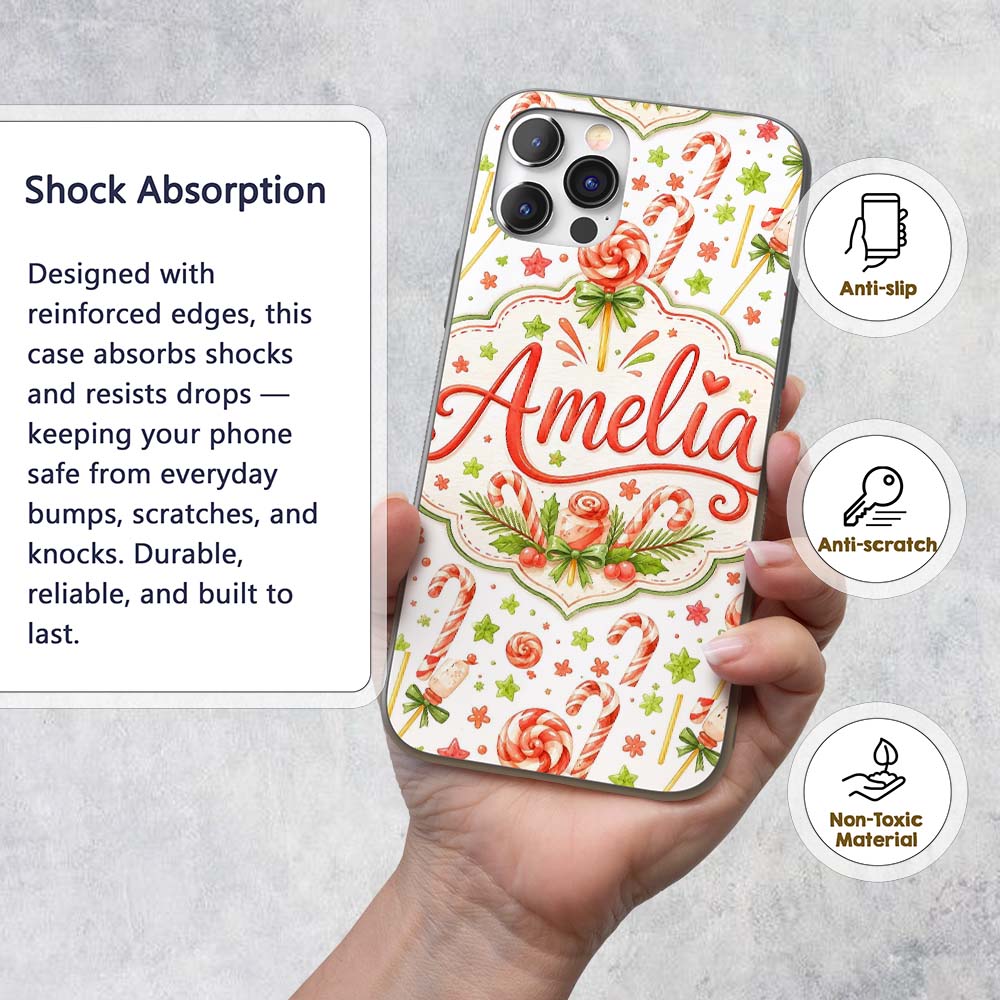 Cute Candy Cane Lollipop Sweet Treat Festive Custom Name Protective Phone Case Mobile Cover Durable Everyday Smartphone Shock Resistant