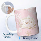 Personalized Custom Name Soft Pink Snowflake Winter Holiday Seamless Pattern Cute Unique Gift 11oz Ceramic Coffee Tea Mug White Large Handle