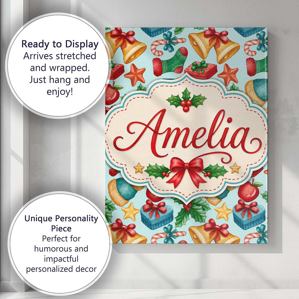 Personalised Name Cute Christmas Bells Custom  Modern Room Accent Elegant Feature Canvas Wall Art Print Decor Picture Ready to Hang