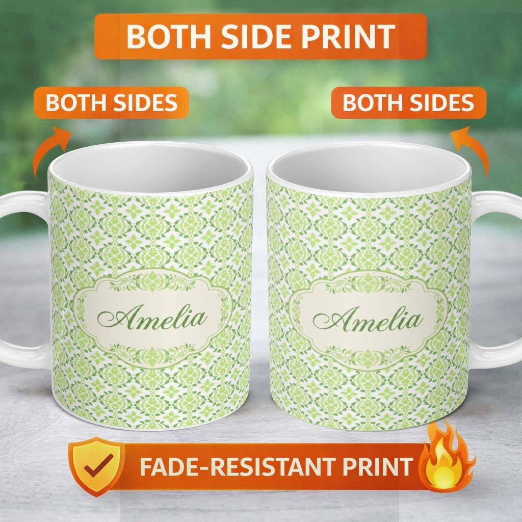 Personalized Custom Name Geometric Floral Green Tile Pattern on White Background Seamless 11oz Ceramic Coffee Tea Mug White Large Handle