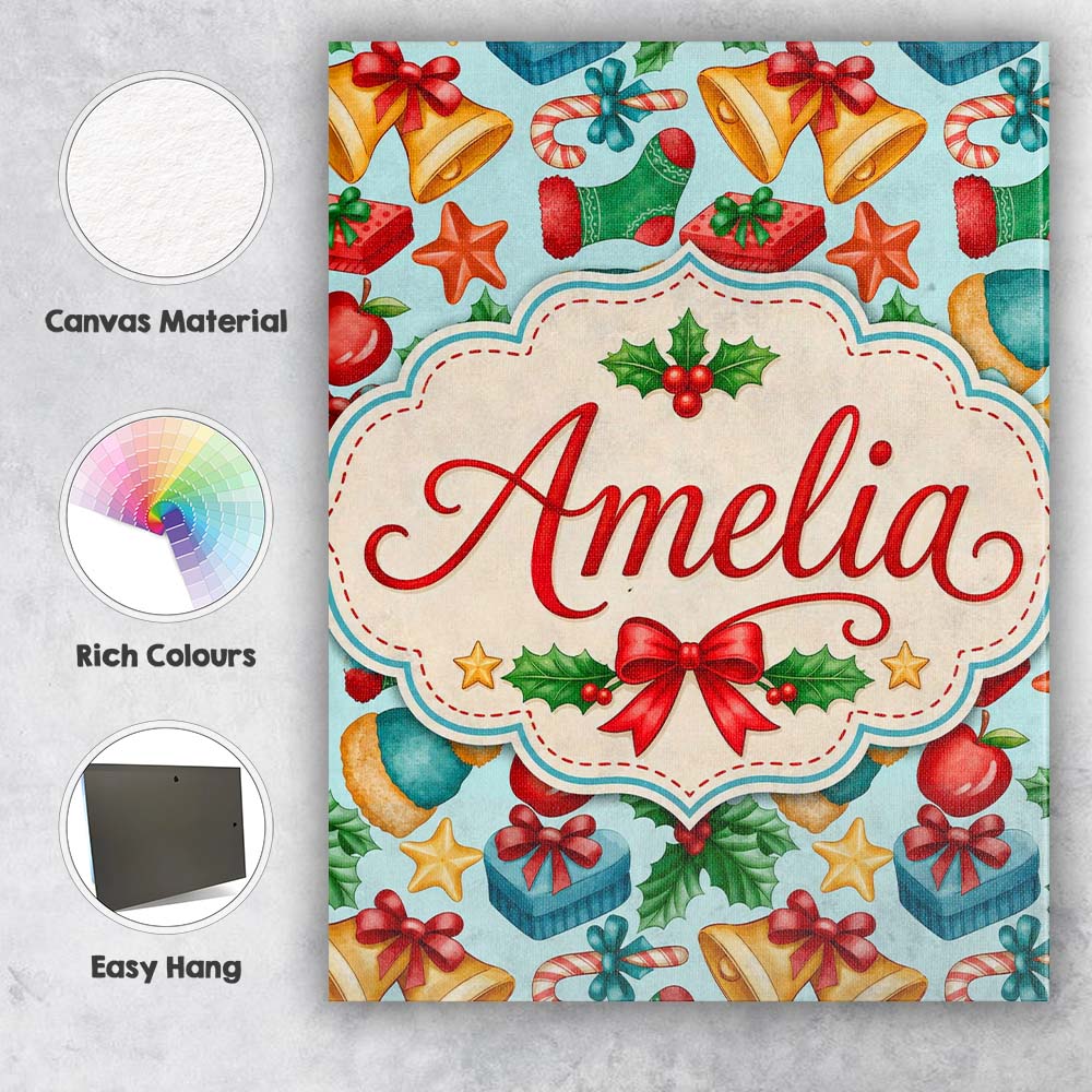 Personalised Name Cute Christmas Bells Custom  Modern Room Accent Elegant Feature Canvas Wall Art Print Decor Picture Ready to Hang