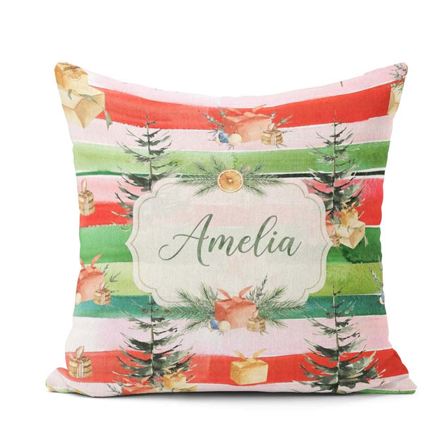 Custom Name Watercolor Christmas Tree Gift Box Stripe Background Square Filled Cushion Throw Pillow Sofa Bed Home Decor Zip Washable UK Made