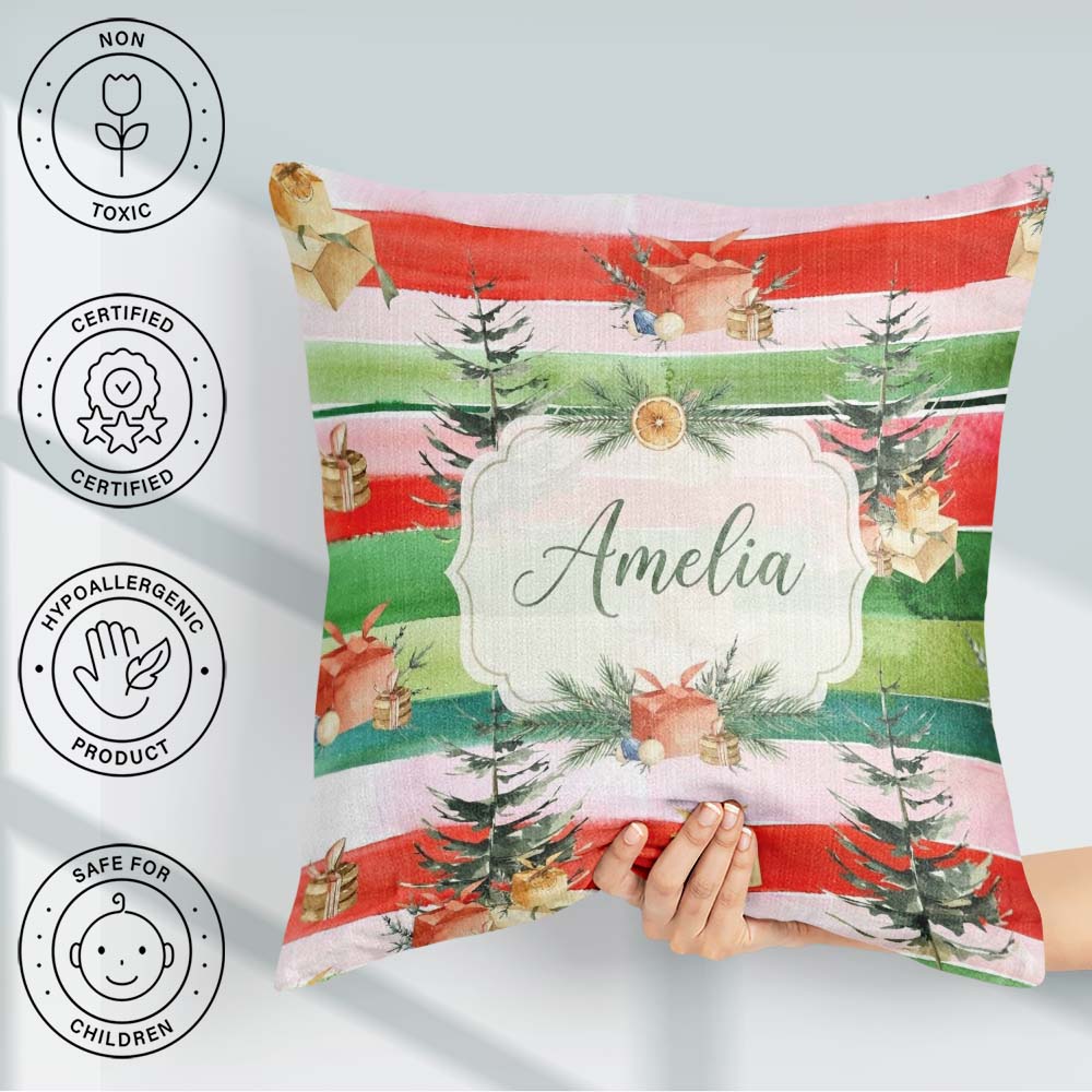 Custom Name Watercolor Christmas Tree Gift Box Stripe Background Square Filled Cushion Throw Pillow Sofa Bed Home Decor Zip Washable UK Made