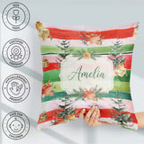 Custom Name Watercolor Christmas Tree Gift Box Stripe Background Square Filled Cushion Throw Pillow Sofa Bed Home Decor Zip Washable UK Made