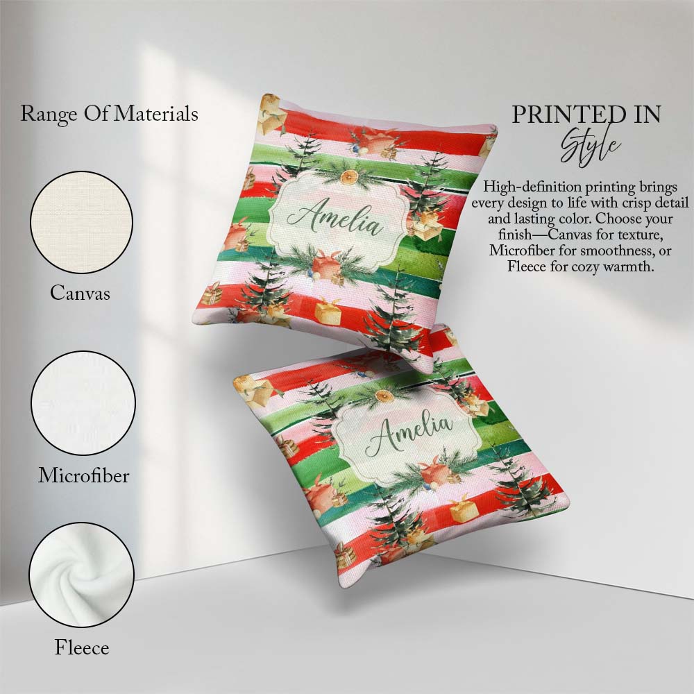 Custom Name Watercolor Christmas Tree Gift Box Stripe Background Square Filled Cushion Throw Pillow Sofa Bed Home Decor Zip Washable UK Made