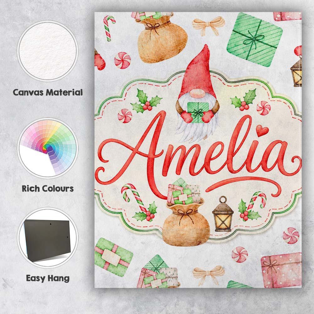 Personalised Name Cute Christmas Gnome Custom  Modern Room Accent Elegant Feature Canvas Wall Art Print Decor Picture Ready to Hang