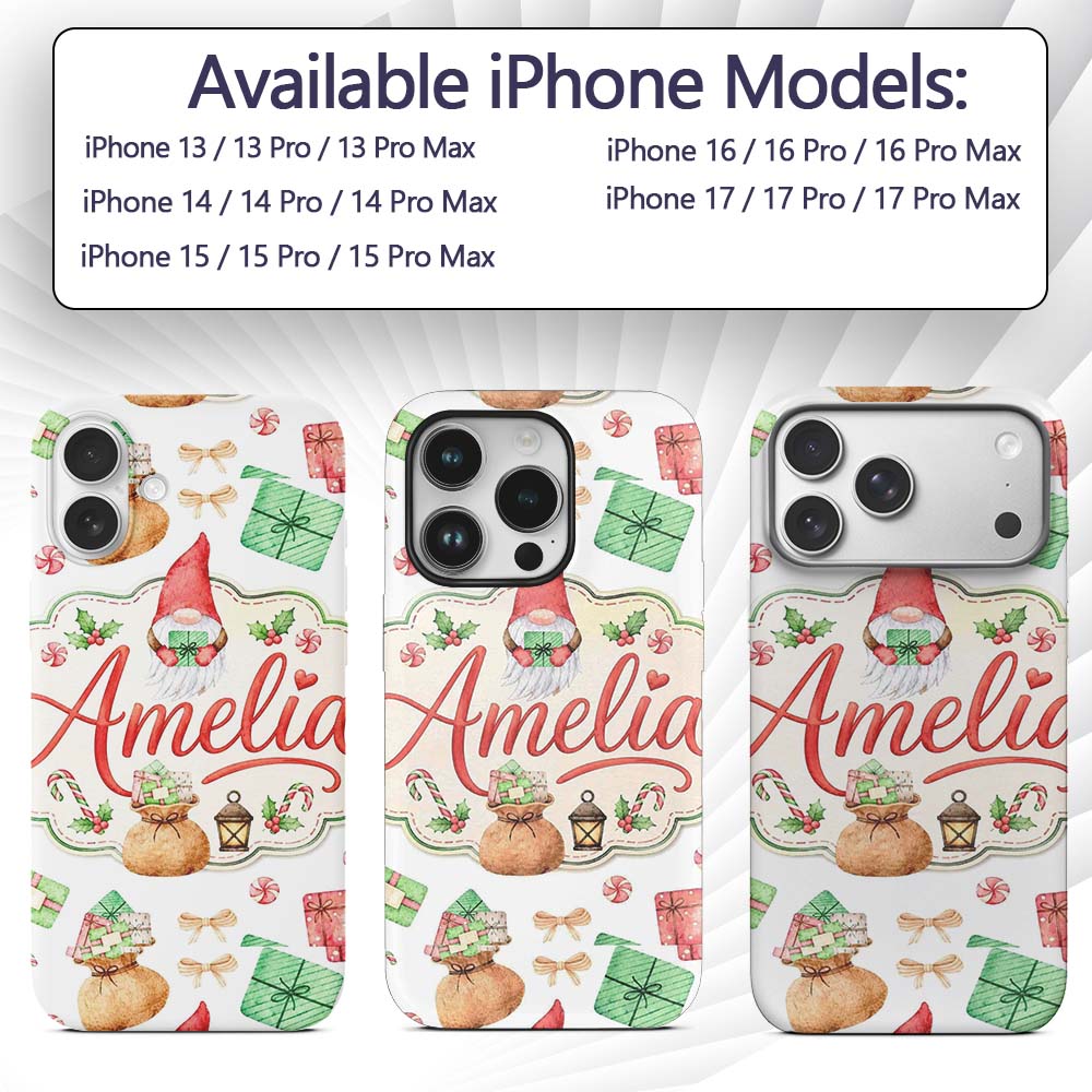 Cute Christmas Gnome Gift Candy Cane Holiday Custom Name Protective Phone Case Mobile Cover Durable Everyday Smartphone Shock Resistant