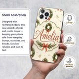Watercolor Christmas Wreath Bow Printed Design Custom Name Protective Phone Case Mobile Cover Durable Everyday Smartphone Shock Resistant