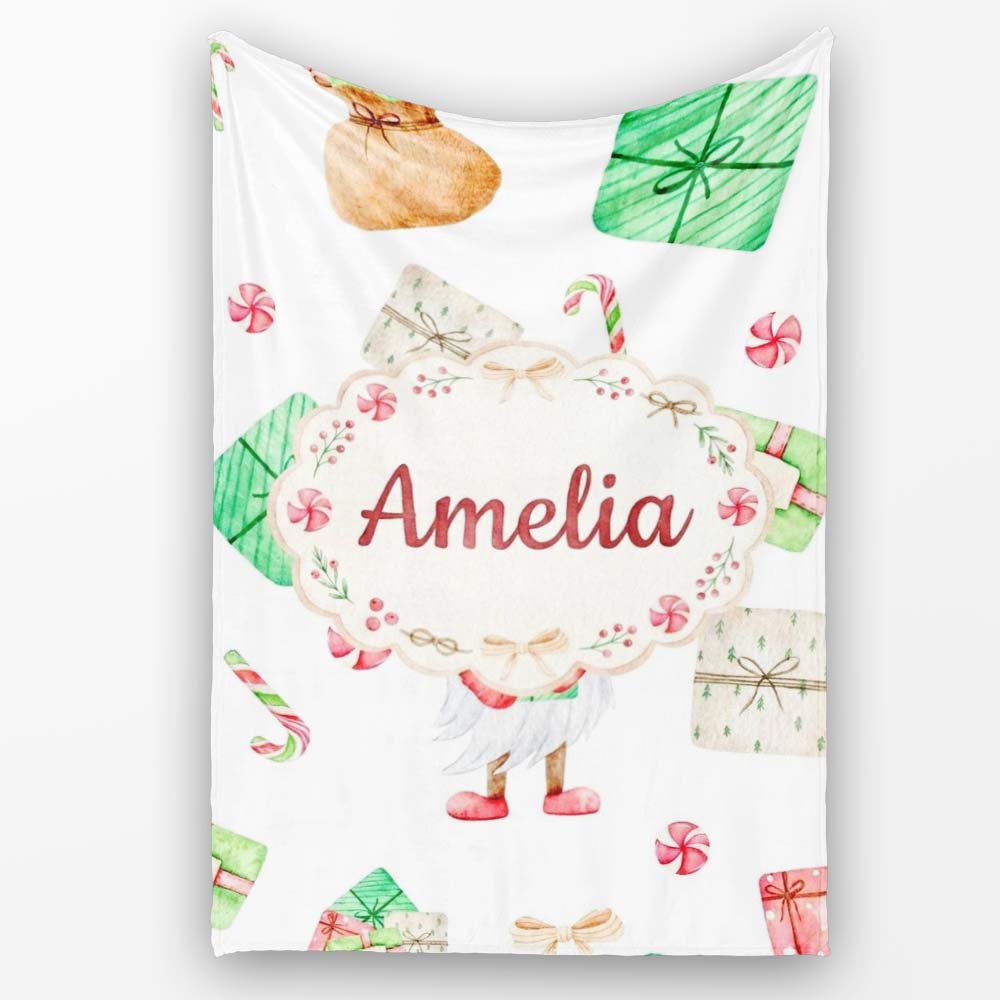 Cute Christmas Gnome Present Candy Cane Holiday Seamless Pattern  Personalised Custom Name Super Soft Fleece Blanket Bed Sofa Throw