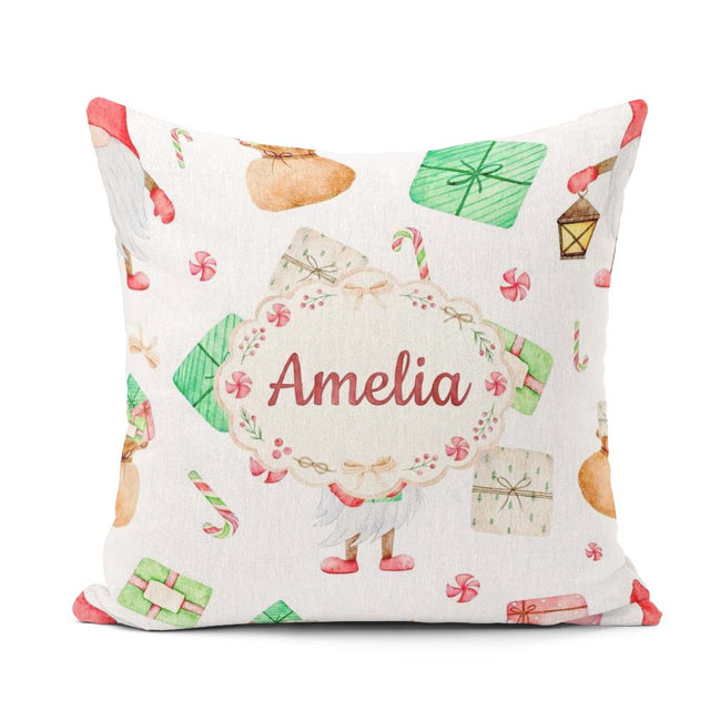 Custom Name Christmas Gnome Present Candy Cane Holiday Seamless Square Filled Cushion Throw Pillow Sofa Bed Home Decor Zip Washable UK Made