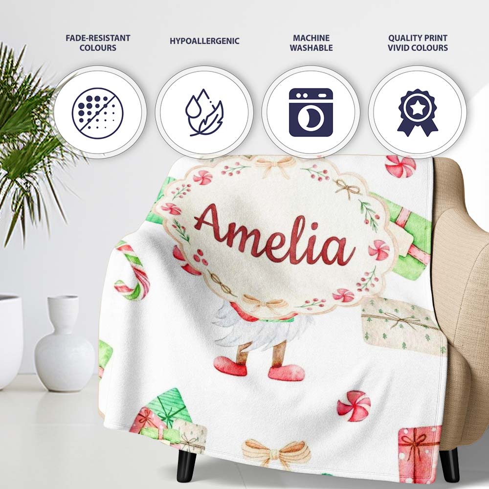 Cute Christmas Gnome Present Candy Cane Holiday Seamless Pattern  Personalised Custom Name Super Soft Fleece Blanket Bed Sofa Throw
