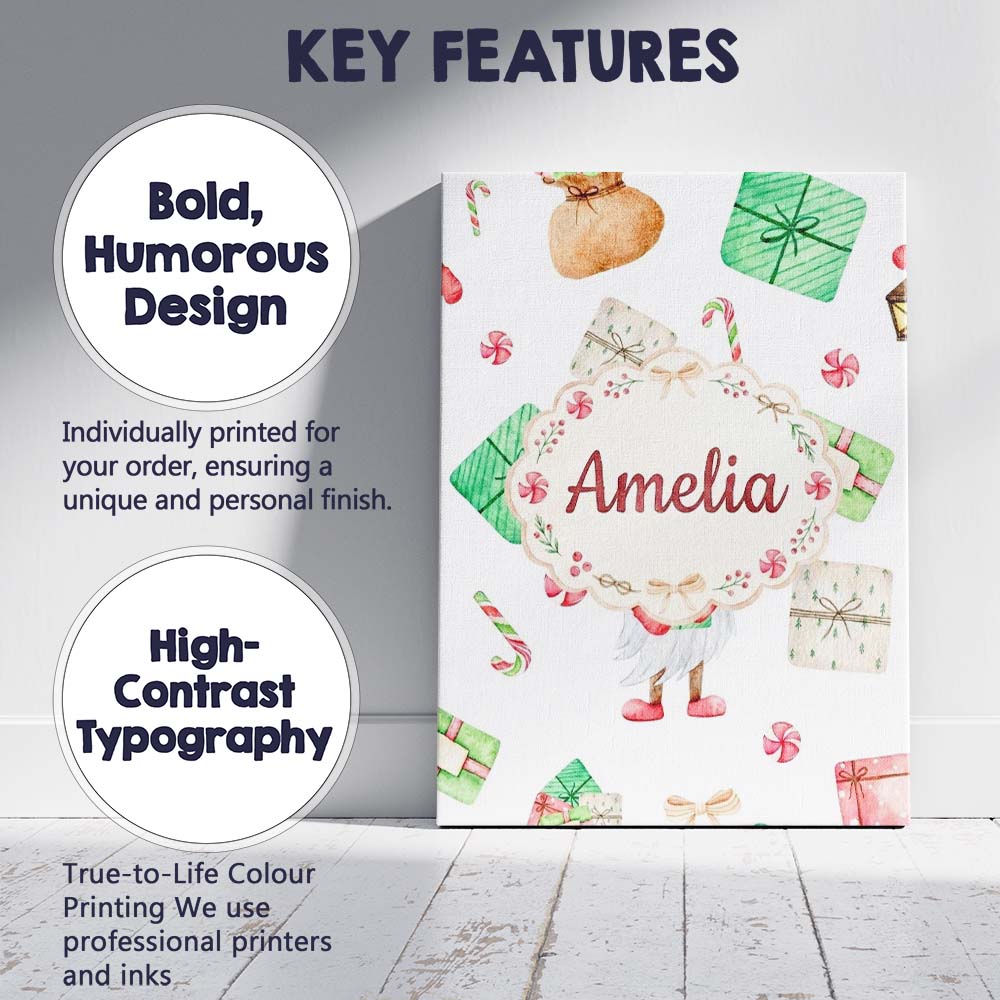 Personalised Name Cute Christmas Gnome Custom  Modern Room Accent Elegant Feature Canvas Wall Art Print Decor Picture Ready to Hang