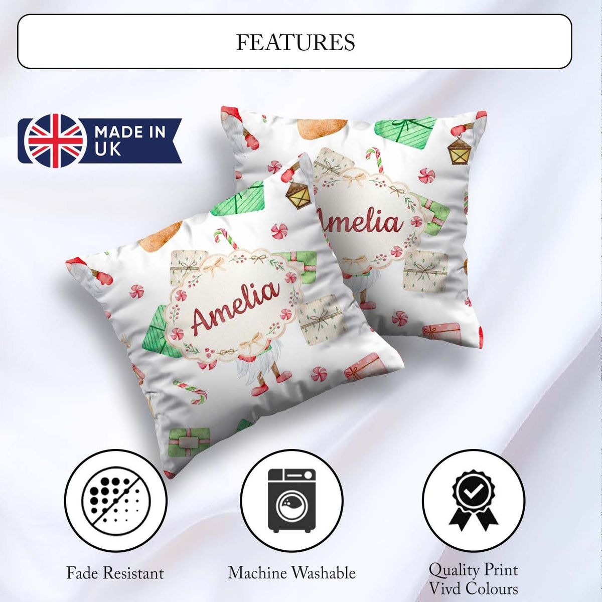 Custom Name Christmas Gnome Present Candy Cane Holiday Seamless Square Filled Cushion Throw Pillow Sofa Bed Home Decor Zip Washable UK Made