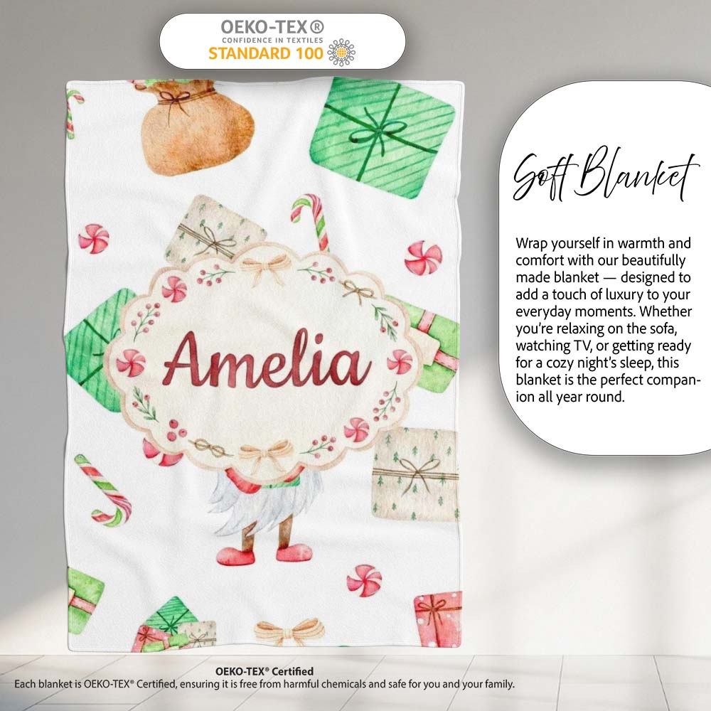 Cute Christmas Gnome Present Candy Cane Holiday Seamless Pattern  Personalised Custom Name Super Soft Fleece Blanket Bed Sofa Throw