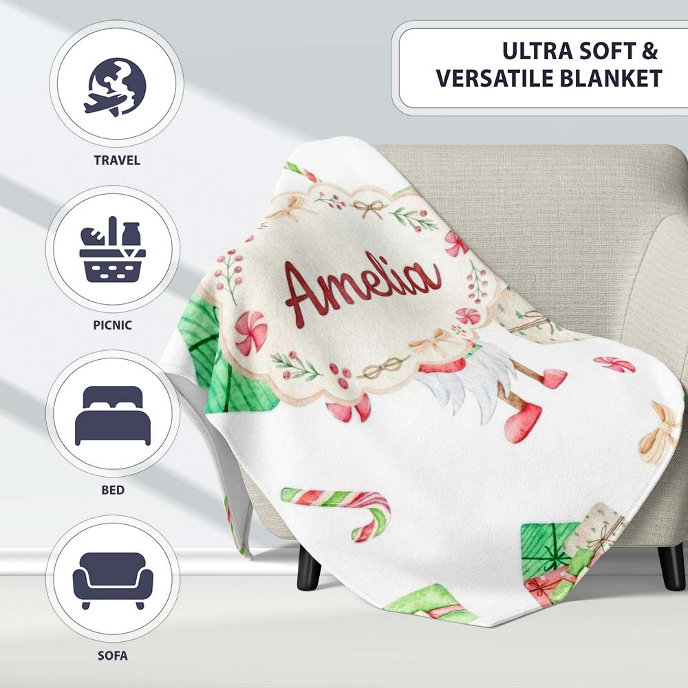 Cute Christmas Gnome Present Candy Cane Holiday Seamless Pattern  Personalised Custom Name Super Soft Fleece Blanket Bed Sofa Throw