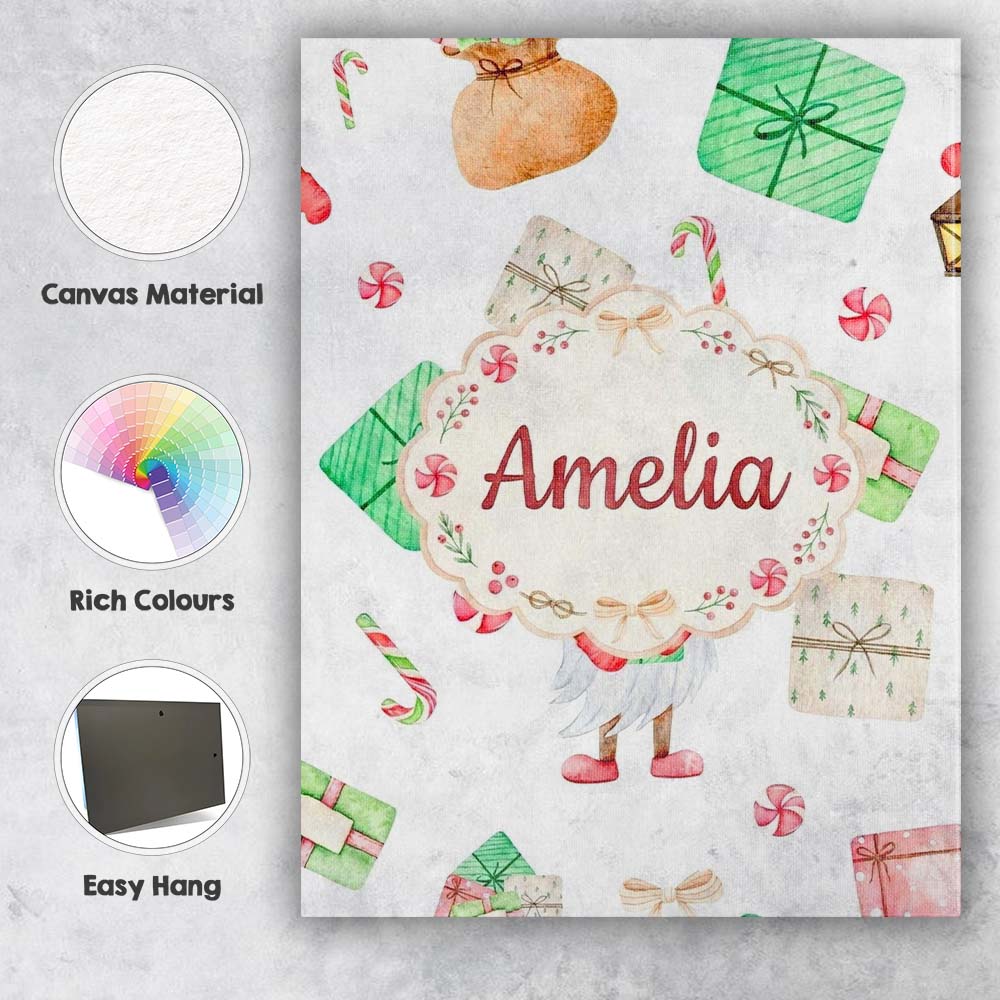 Personalised Name Cute Christmas Gnome Custom  Modern Room Accent Elegant Feature Canvas Wall Art Print Decor Picture Ready to Hang