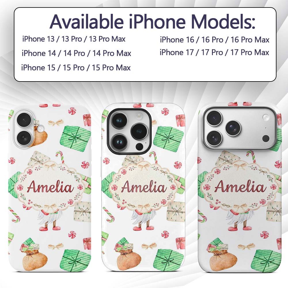 Cute Christmas Gnome Present Candy Cane Holiday Custom Name Protective Phone Case Mobile Cover Durable Everyday Smartphone Shock Resistant