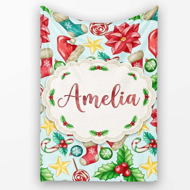 Cute Christmas Poinsettia Holly Candy Cane Festive Seamless Pattern  Personalised Custom Name Super Soft Fleece Blanket Bed Sofa Throw