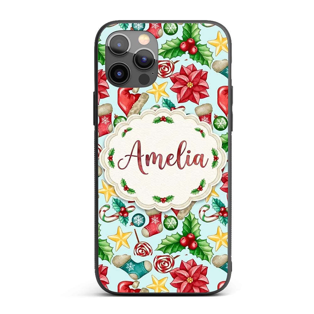 Cute Christmas Poinsettia Holly Printed Design Custom Name Protective Phone Case Mobile Cover Durable Everyday Smartphone Shock Resistant