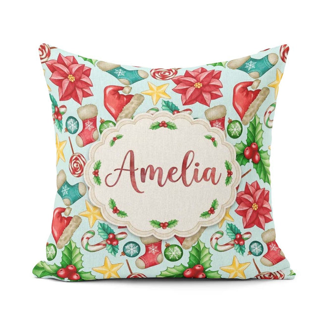 Custom Name Poinsettia Holly Candy Cane Festive Seamless Pattern Square Filled Cushion Throw Pillow Sofa Bed Home Decor Zip Washable UK Made