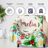 Cute Christmas Poinsettia Holly Candy Cane Festive Seamless Pattern  Personalised Custom Name Super Soft Fleece Blanket Bed Sofa Throw