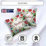Custom Name Poinsettia Holly Candy Cane Festive Seamless Pattern Square Filled Cushion Throw Pillow Sofa Bed Home Decor Zip Washable UK Made