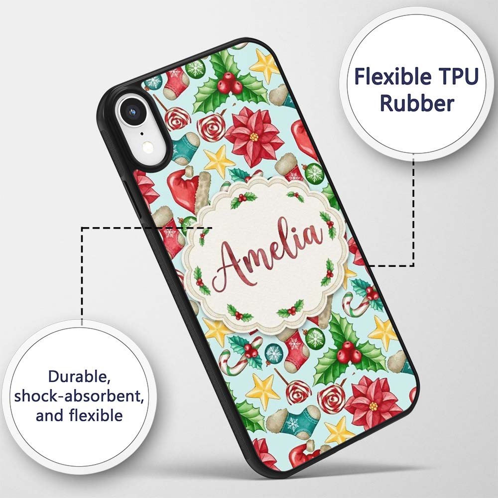 Cute Christmas Poinsettia Holly Printed Design Custom Name Protective Phone Case Mobile Cover Durable Everyday Smartphone Shock Resistant