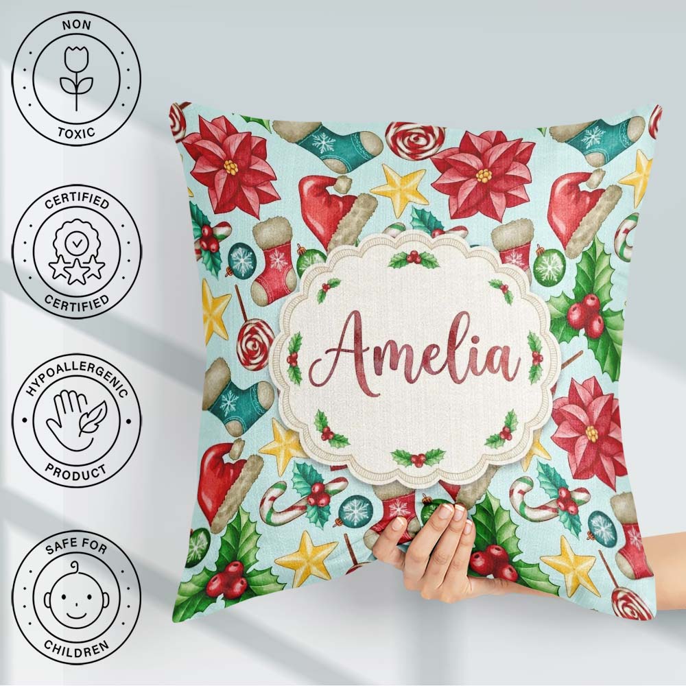 Custom Name Poinsettia Holly Candy Cane Festive Seamless Pattern Square Filled Cushion Throw Pillow Sofa Bed Home Decor Zip Washable UK Made