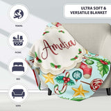Cute Christmas Poinsettia Holly Candy Cane Festive Seamless Pattern  Personalised Custom Name Super Soft Fleece Blanket Bed Sofa Throw