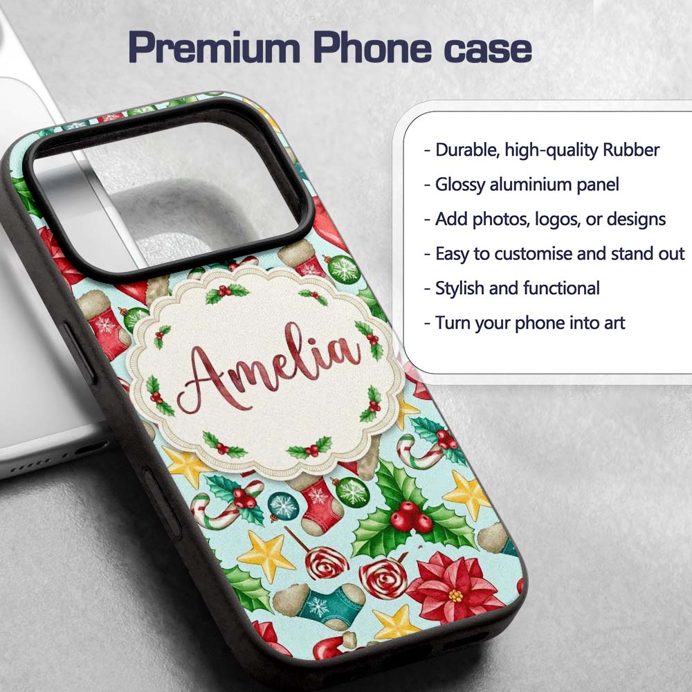 Cute Christmas Poinsettia Holly Printed Design Custom Name Protective Phone Case Mobile Cover Durable Everyday Smartphone Shock Resistant