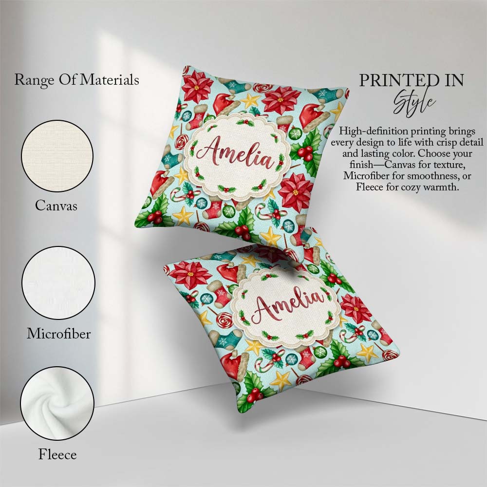 Custom Name Poinsettia Holly Candy Cane Festive Seamless Pattern Square Filled Cushion Throw Pillow Sofa Bed Home Decor Zip Washable UK Made