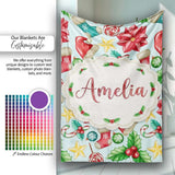 Cute Christmas Poinsettia Holly Candy Cane Festive Seamless Pattern  Personalised Custom Name Super Soft Fleece Blanket Bed Sofa Throw