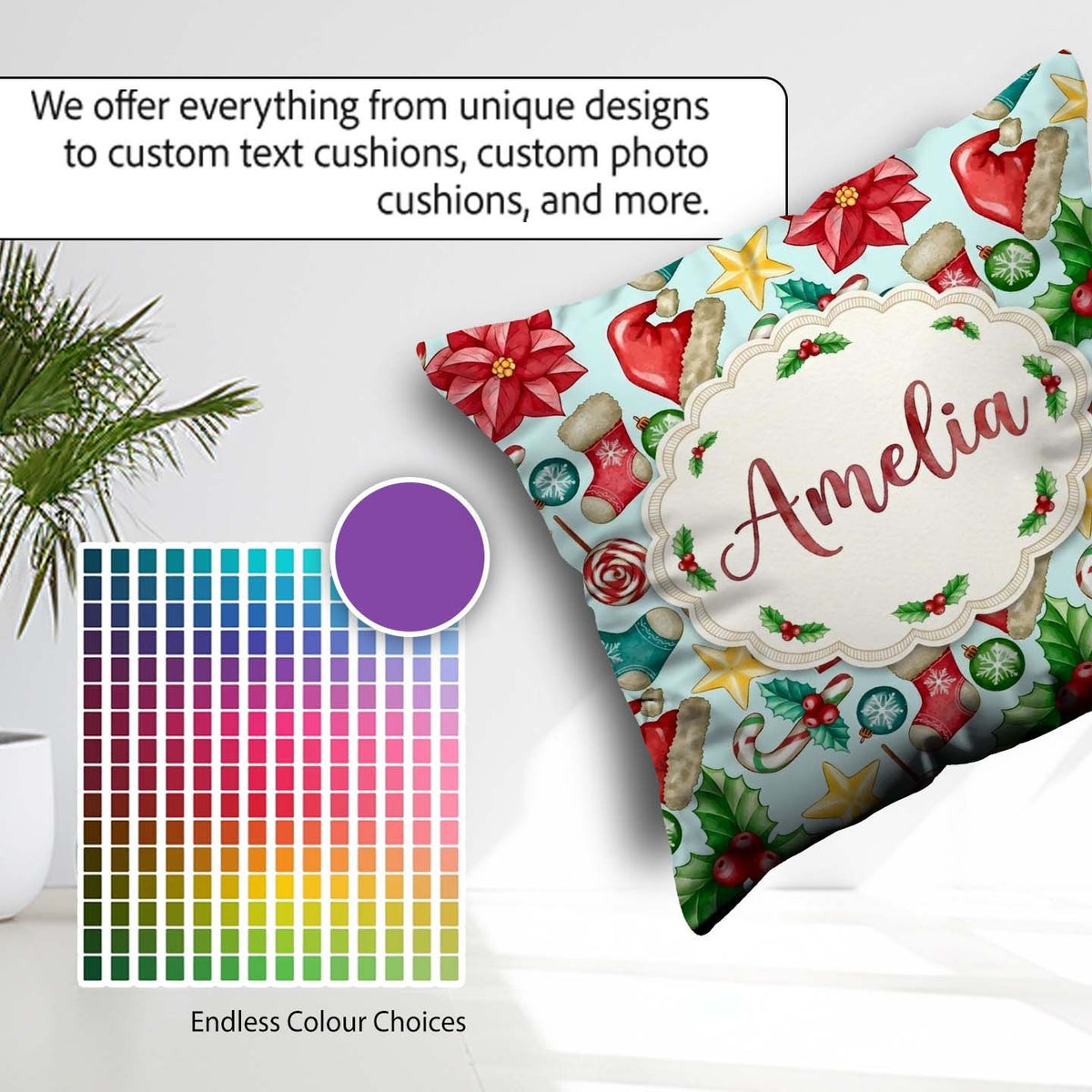 Custom Name Poinsettia Holly Candy Cane Festive Seamless Pattern Square Filled Cushion Throw Pillow Sofa Bed Home Decor Zip Washable UK Made